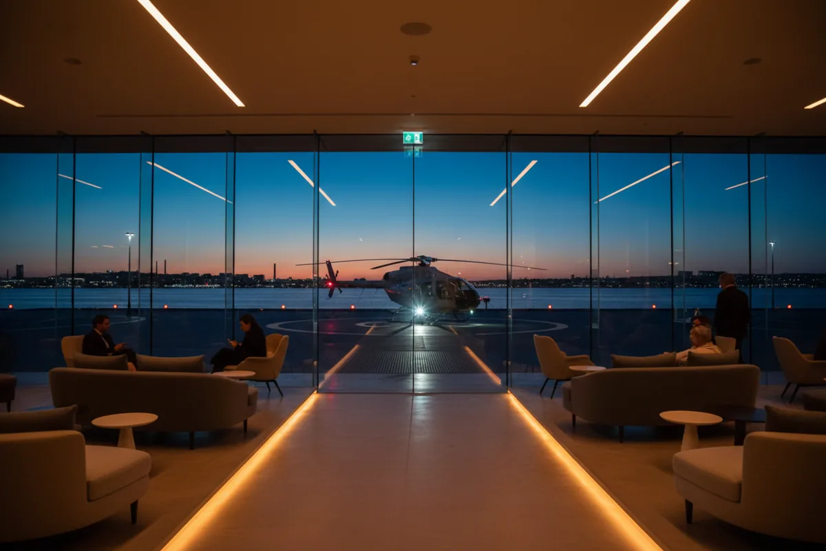 A helicopter sits on a helipad at dusk, viewed from inside a modern airport lounge.