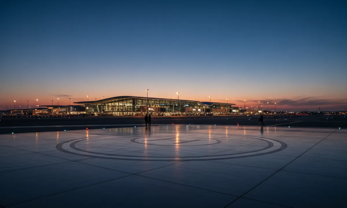An empty helicopter landing pad at JFK airport with the terminal visible in the background on a sunny day.