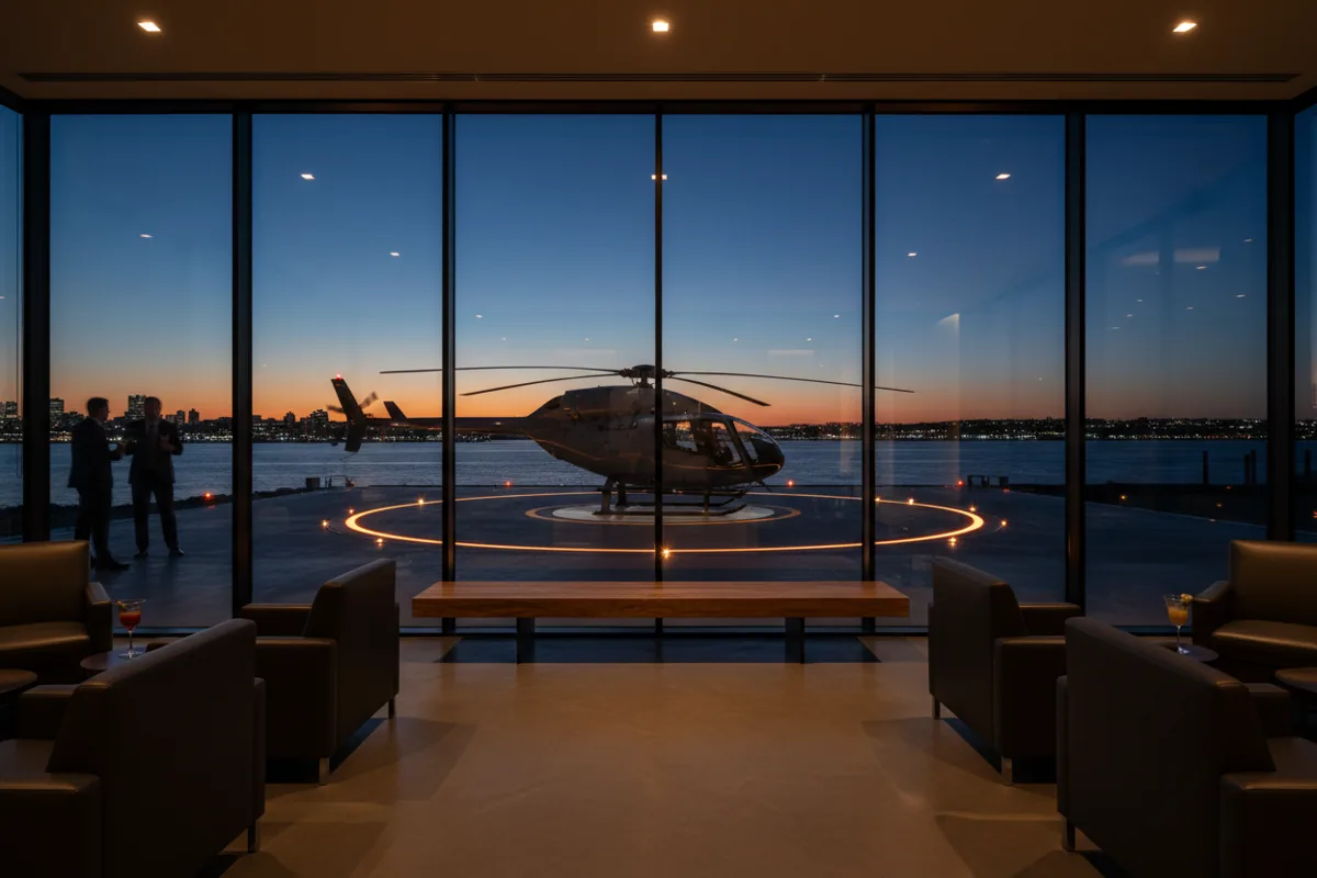 A modern heliport lounge at dusk with a helicopter waiting on the landing pad just outside the window.