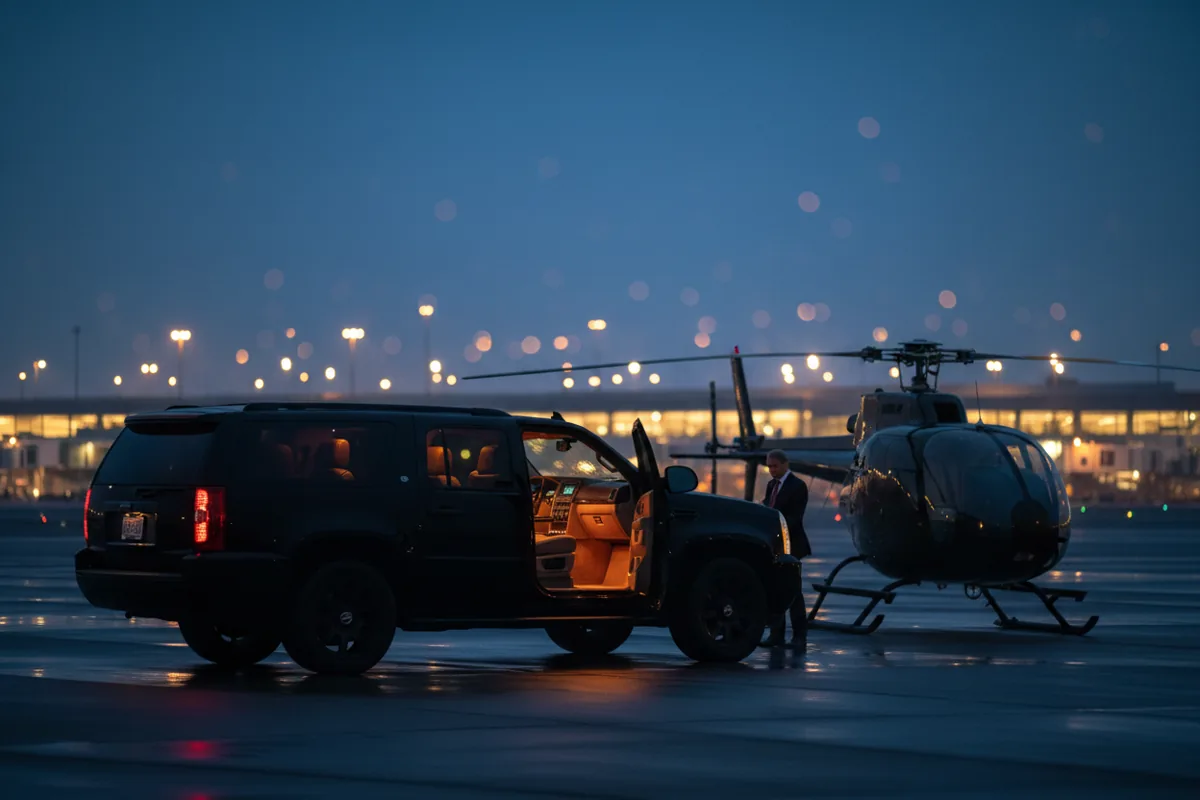 A luxury SUV waits on the tarmac next to a helicopter at an airport in the evening.