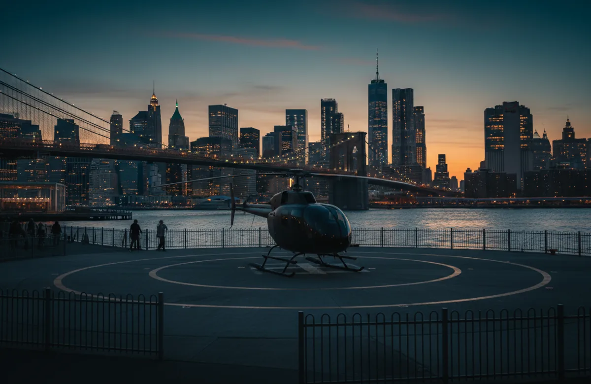 A helicopter on a city heliport pad at dusk, with glowing city lights in the background.