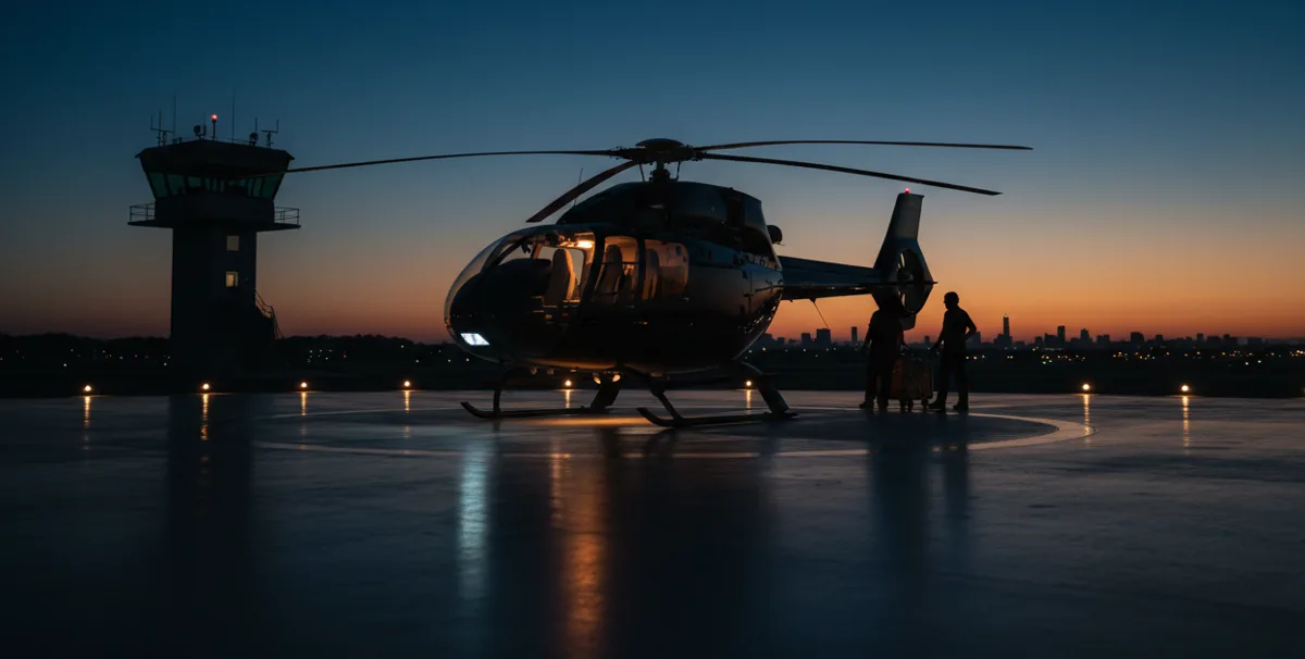 A modern white helicopter sits on a helipad against a clear blue sky.