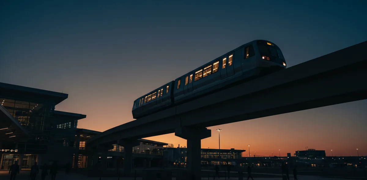 The white AirTrain monorail at Newark Airport on an elevated track with a terminal in the background.