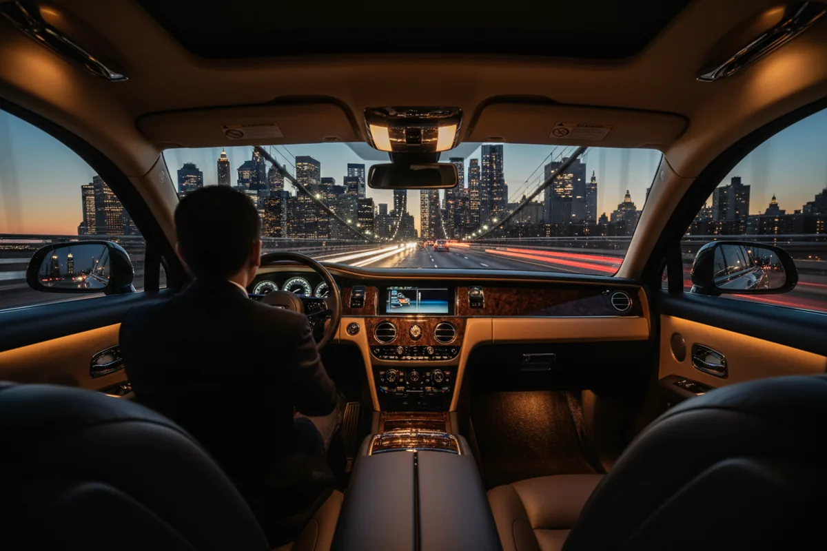 The view of a glowing city skyline at night through the windshield of a car driving over a bridge.