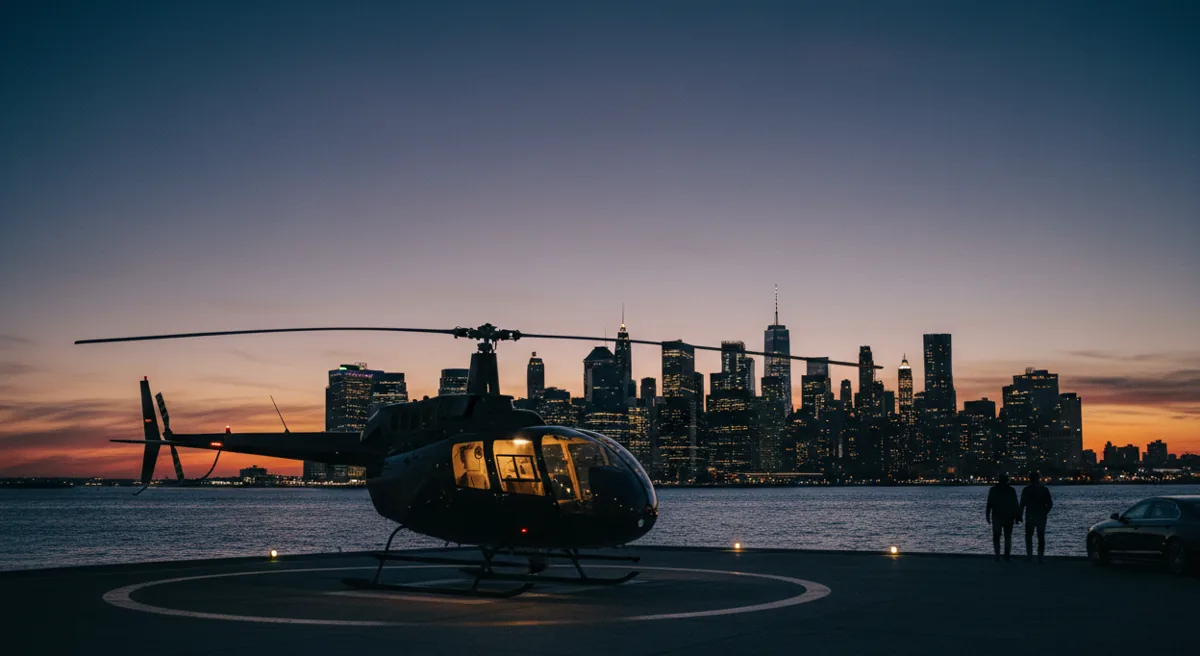 A helicopter on a helipad at dusk, with the Lower Manhattan skyline visible across the water.