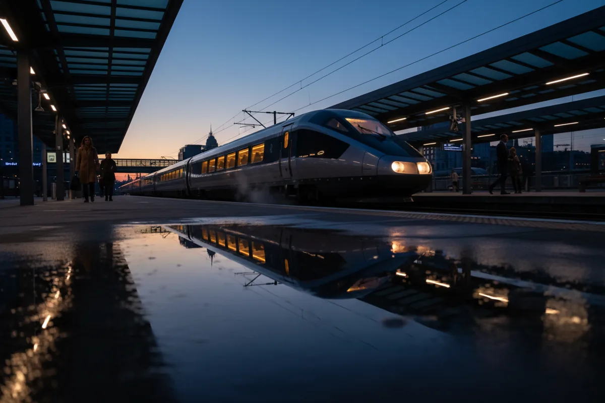A modern train arriving at an outdoor station platform at dusk.