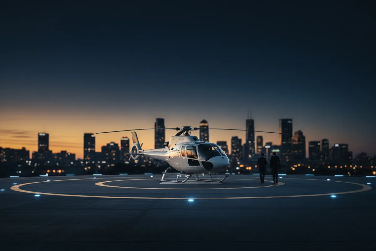 A white helicopter on a helipad with a city skyline in the background at sunset.
