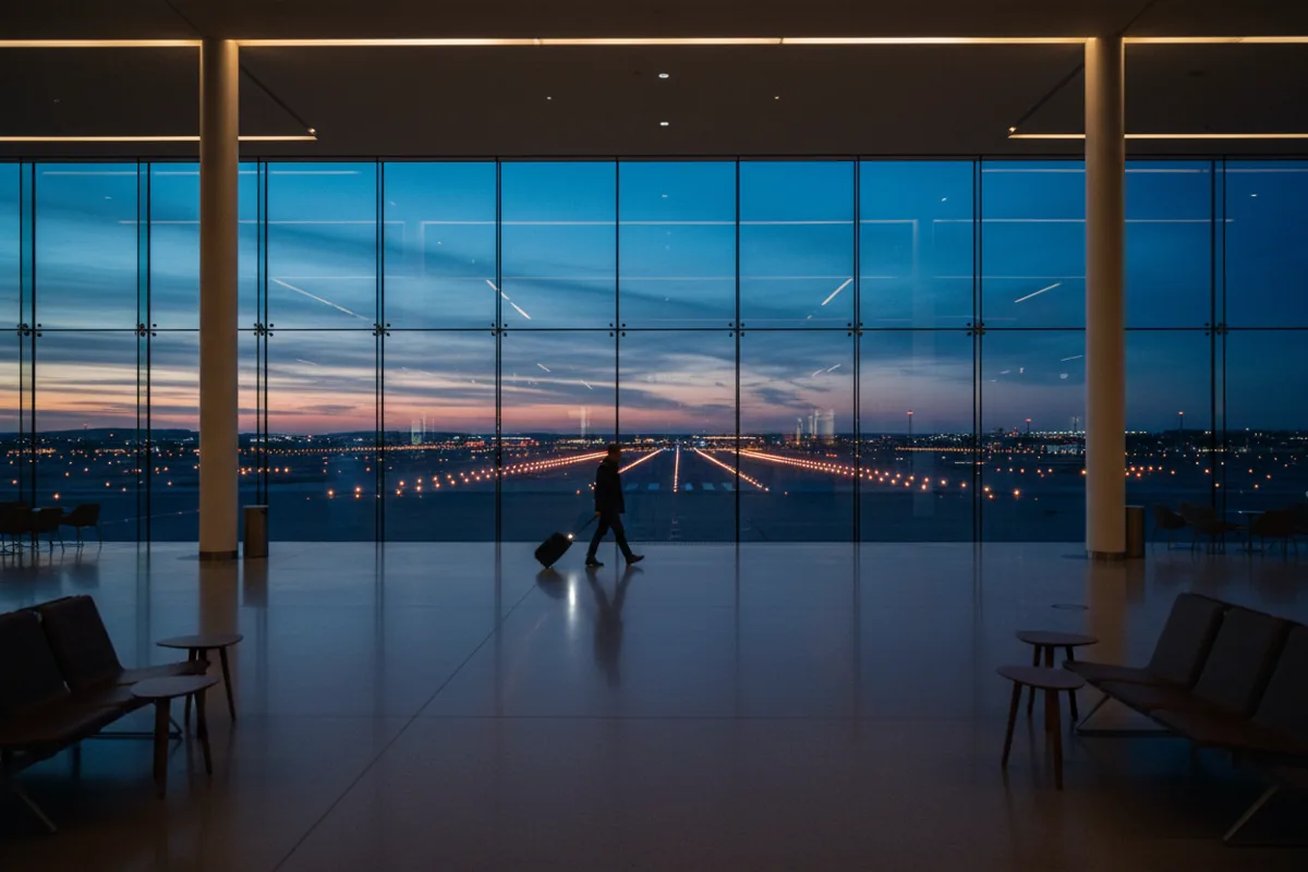 A traveler with a suitcase walks through a modern airport terminal at dusk.