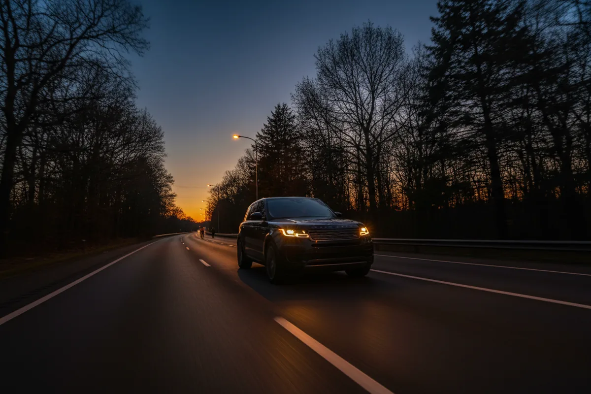 A luxury SUV with its headlights on drives down a highway at dusk.
