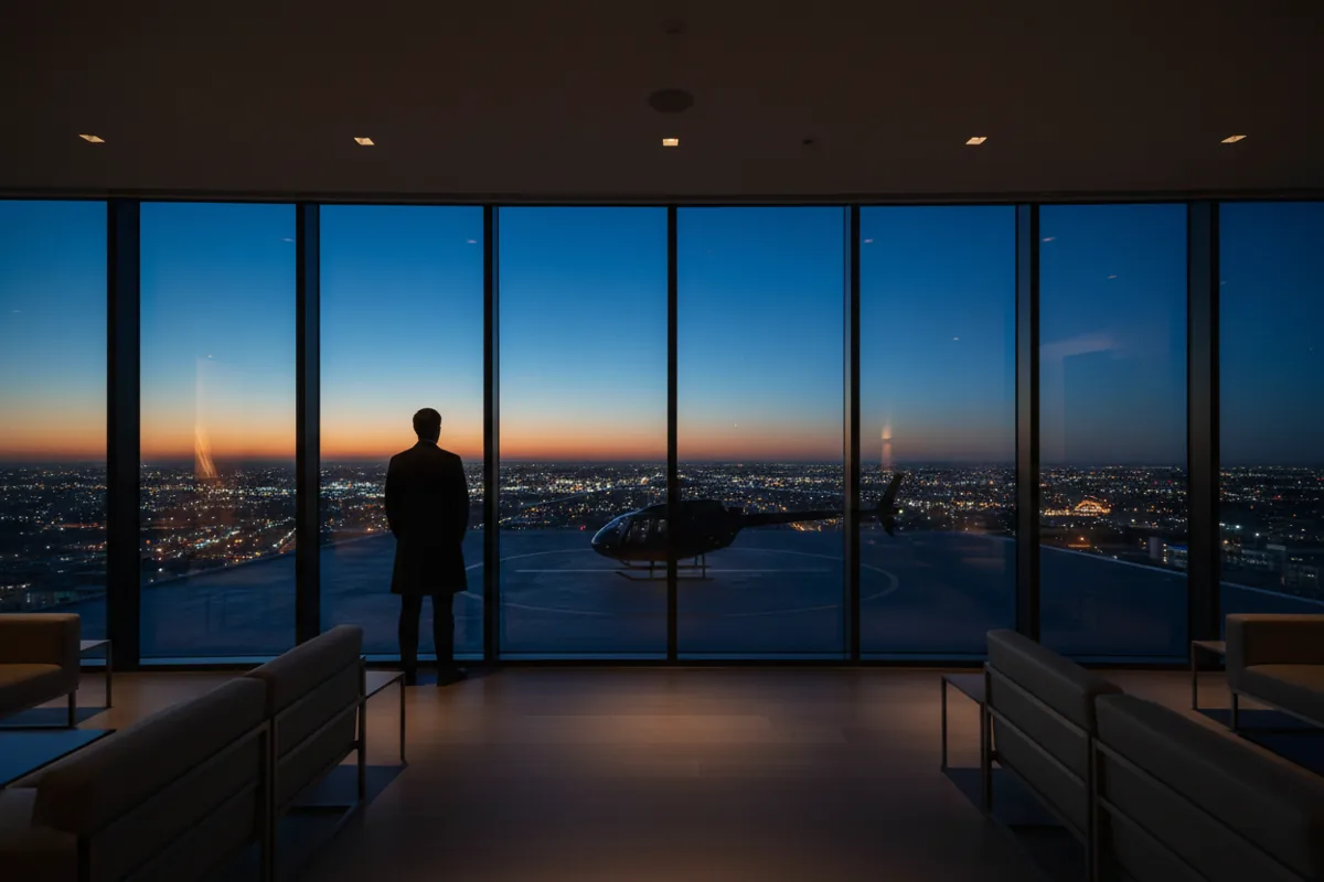 A person looks out from a modern lounge at a city heliport at night.