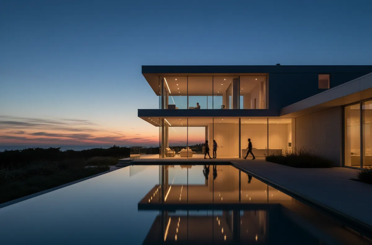 A modern house with a pool is lit from within at dusk.