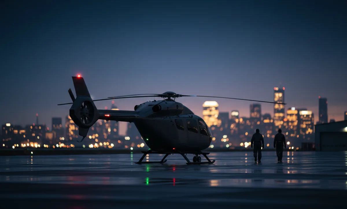 A helicopter on a city heliport tarmac at dusk with blurred city lights in the background.