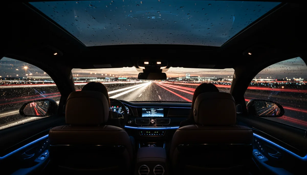 View from inside a car at night, showing motion-blurred lights of highway traffic through a wet windshield.