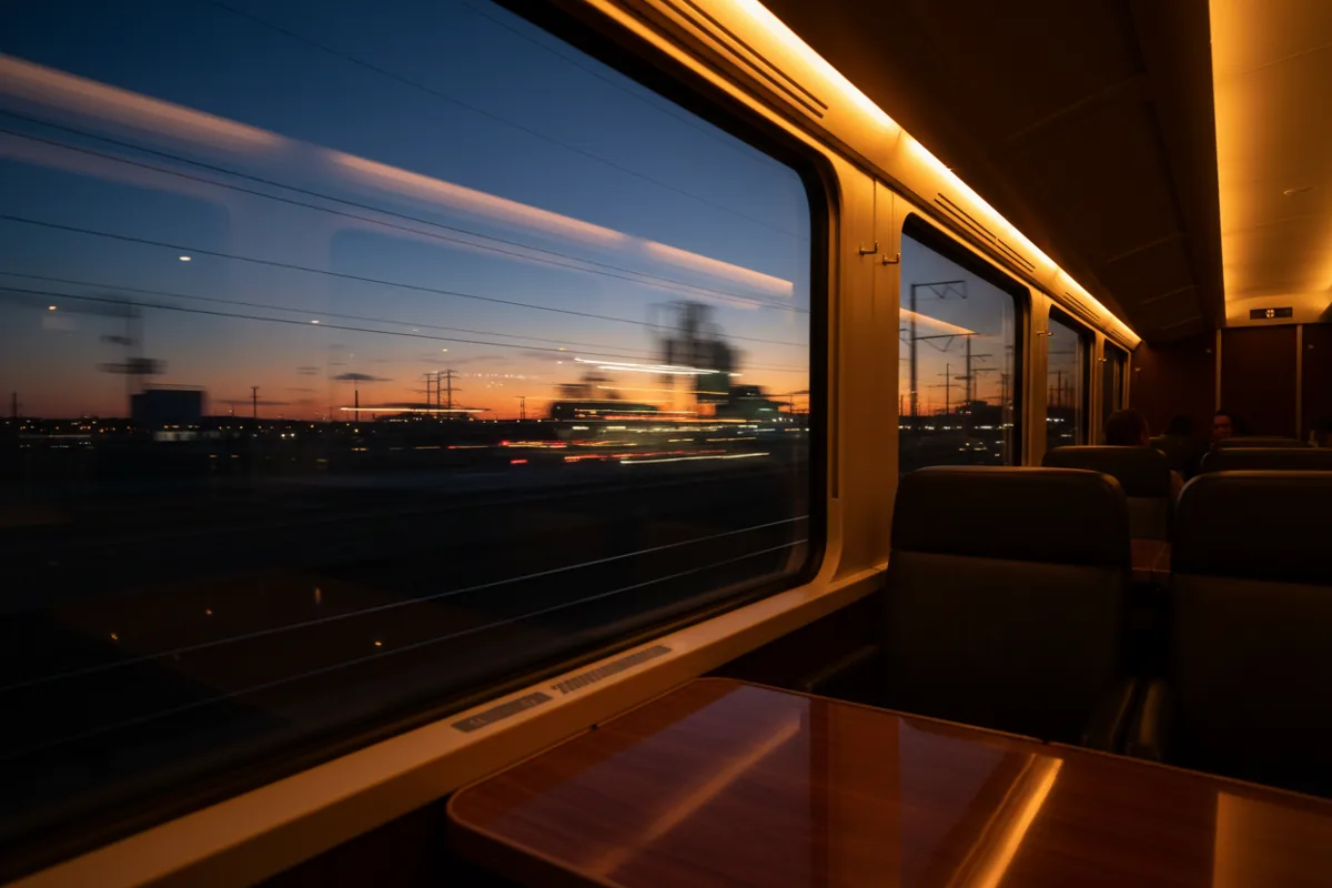 View from a train window at dusk, showing blurred city lights passing by.