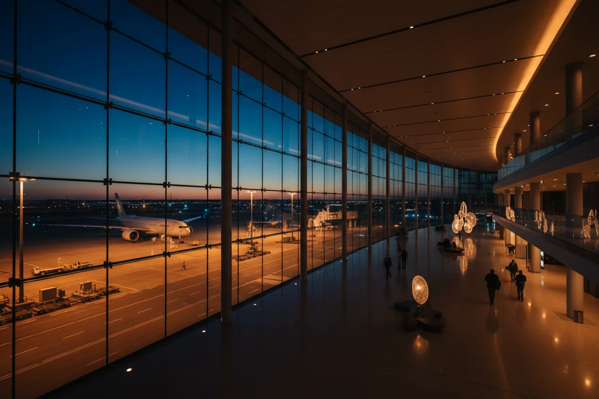 A modern airport terminal at dusk with a view of an airplane on the tarmac through large windows.