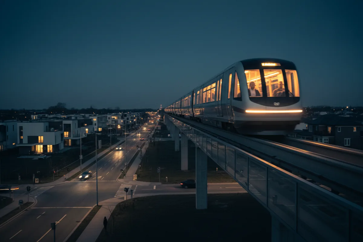 A modern passenger train traveling through a town at dusk.