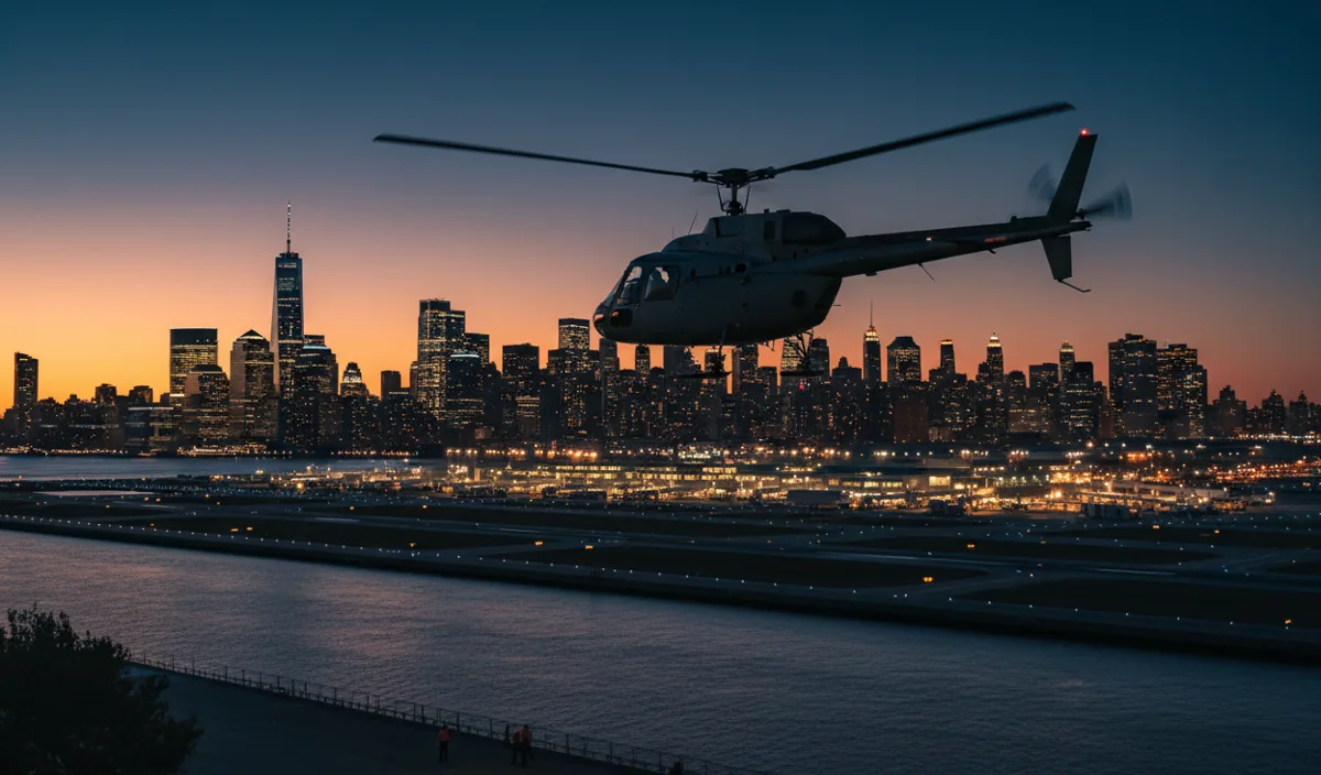 A helicopter flies over a city river towards an airport at night.