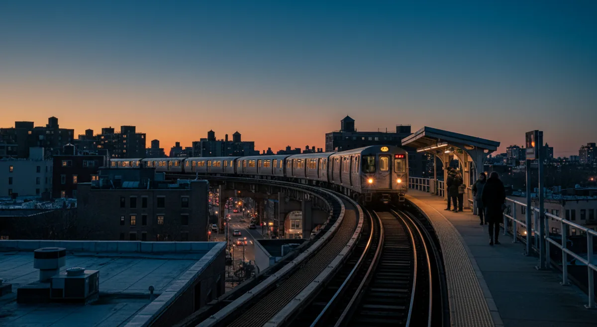 An elevated subway train arrives at an outdoor station at dusk.