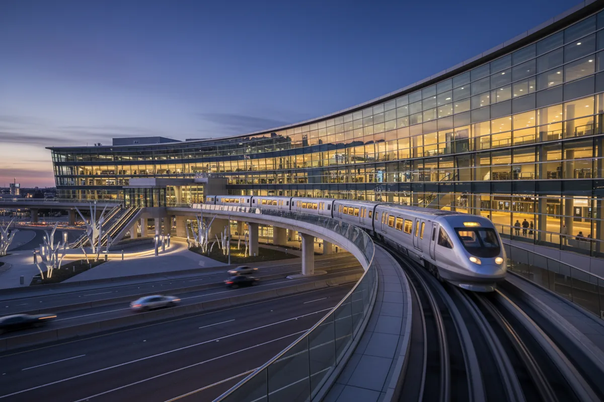 A modern elevated train arriving at an airport terminal station at twilight.