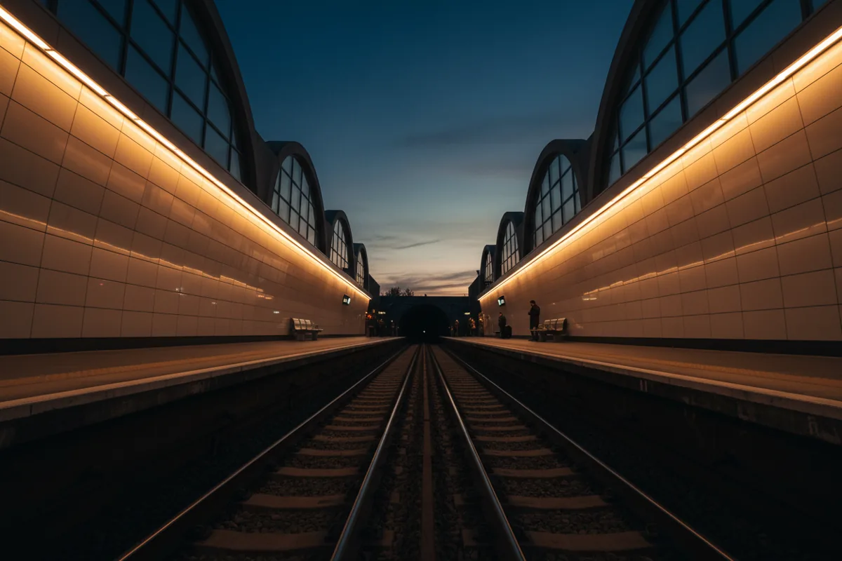 A view down an empty, modern subway platform at night.