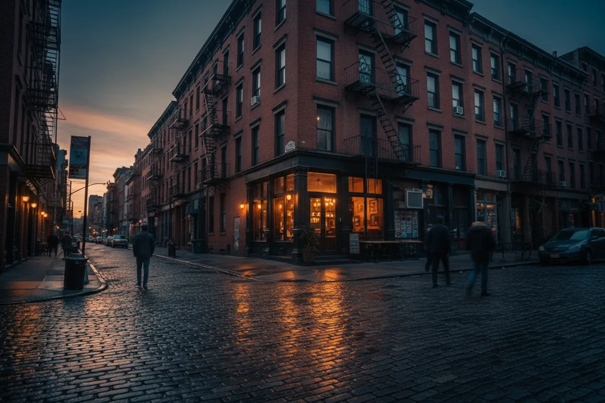A street corner in the Lower East Side at dusk with glowing lights from a building.