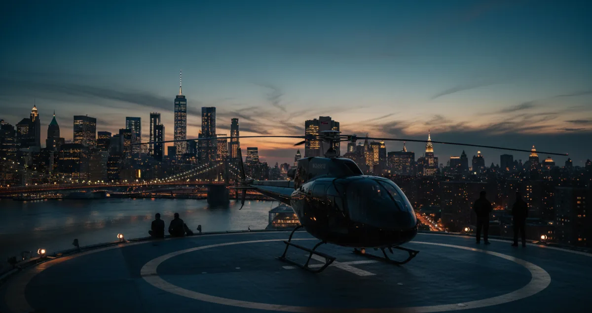 A helicopter on a rooftop helipad in NYC at sunset, overlooking the East River and city skyline.