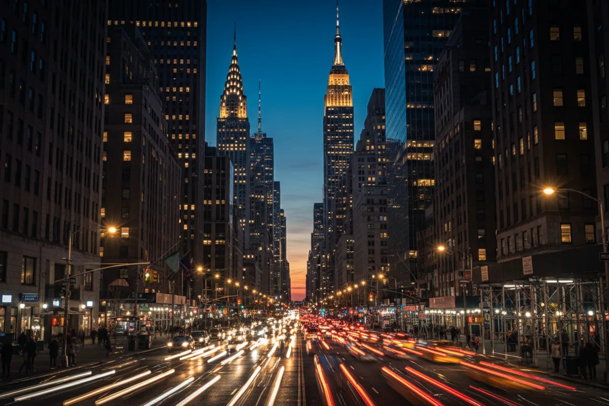 A busy Midtown Manhattan street with heavy traffic and illuminated skyscrapers at twilight.