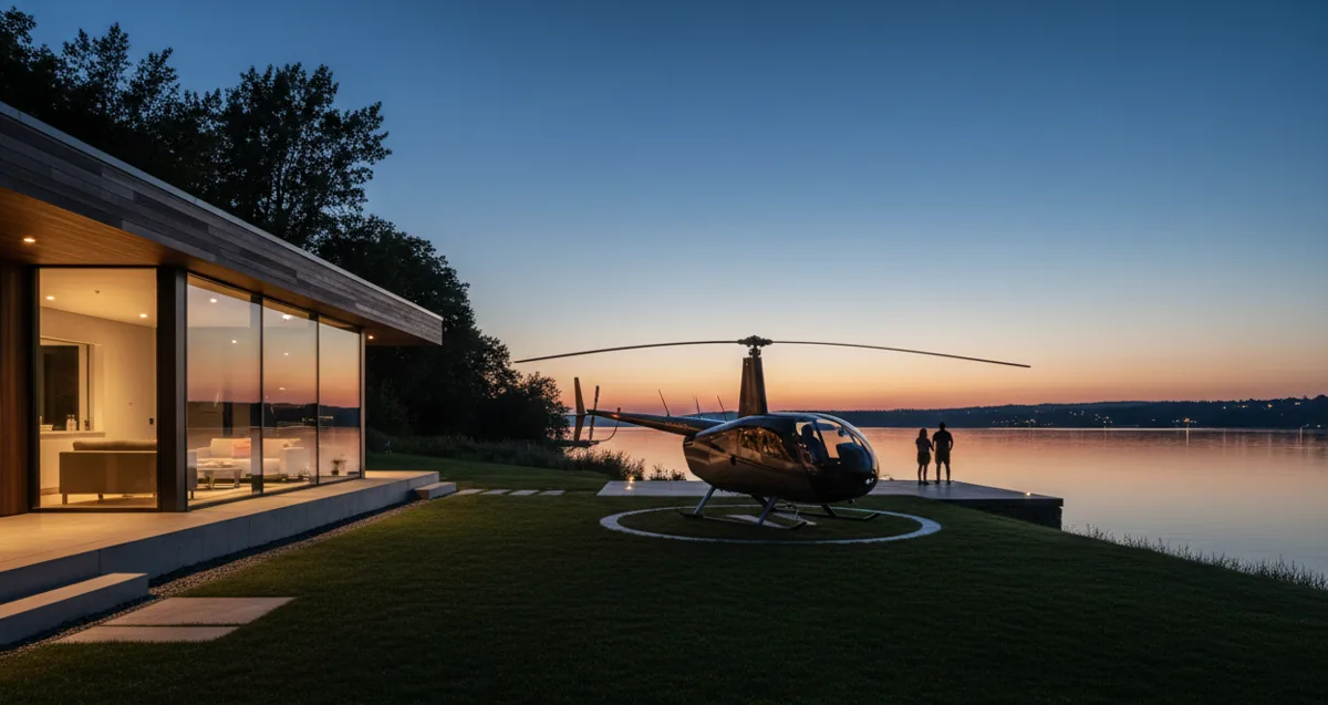 A helicopter parked on a lawn near a modern house by the water at dusk.