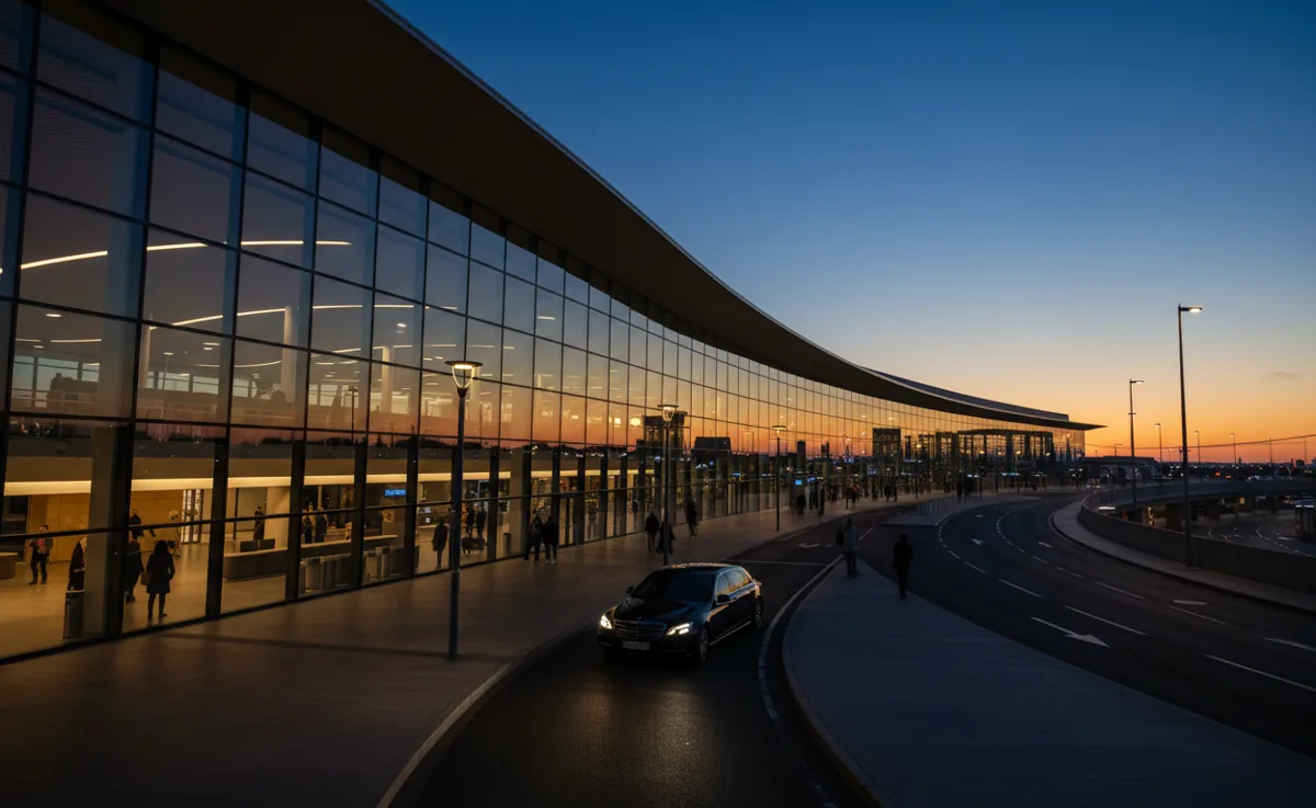 The glowing exterior of a modern airport terminal at dusk, with a car arriving at the departures curb.