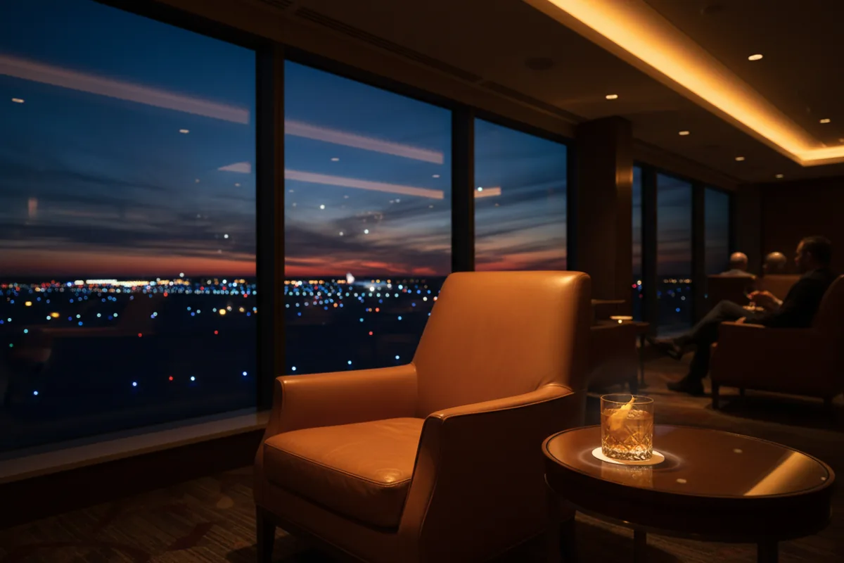 An empty armchair in a quiet airport lounge looks out over the airfield at twilight.