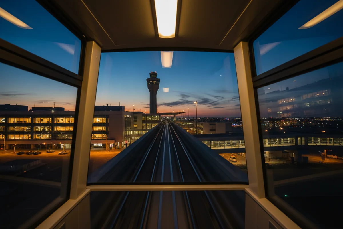 The view of airport terminals and a control tower at night from a moving airport tram.