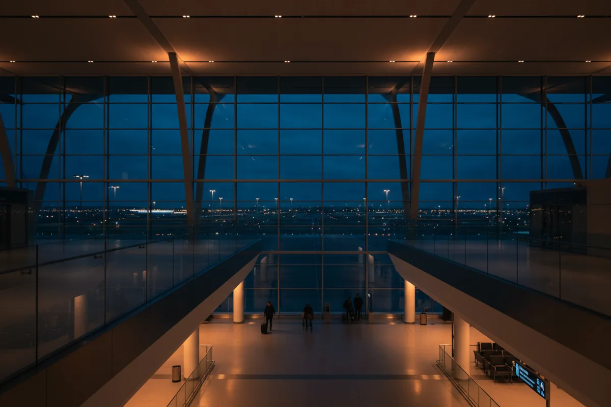 The interior of a modern, spacious airport terminal at dusk, with large windows overlooking the airfield.