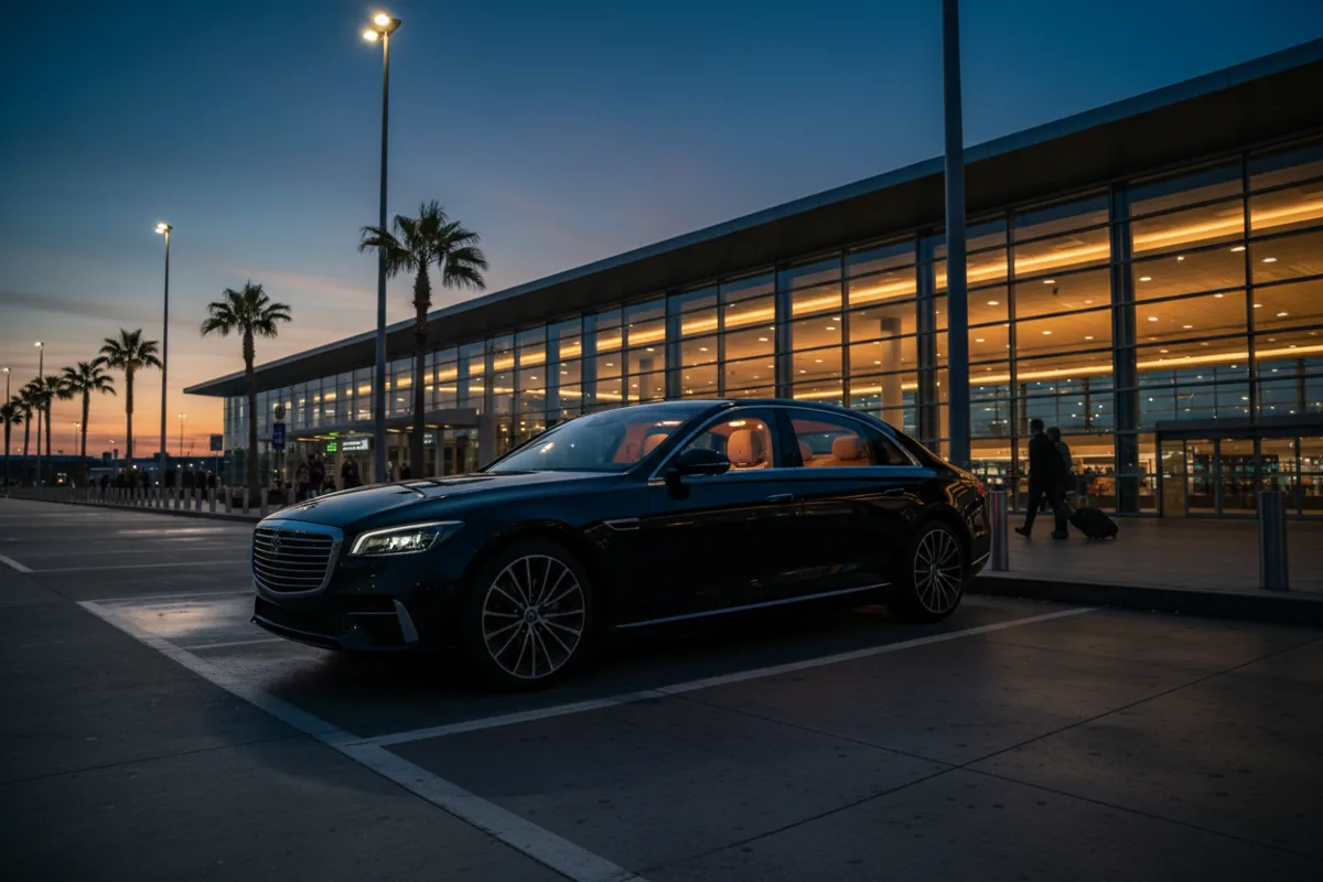 A black luxury car waiting for a passenger outside an airport terminal at night.