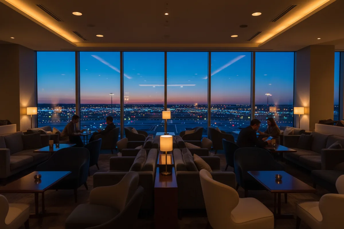An upscale airport lounge with comfortable chairs and a large window overlooking the tarmac at dusk.