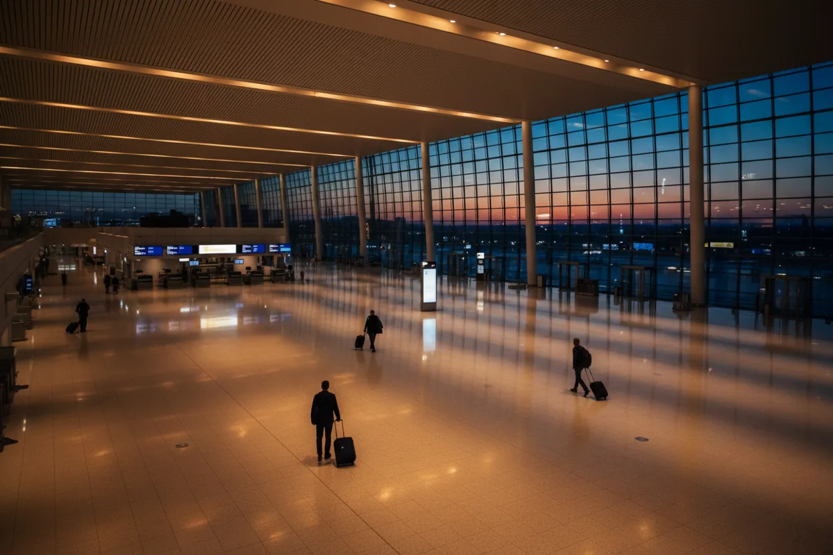 A spacious and modern airport check-in hall at twilight with a few travelers.