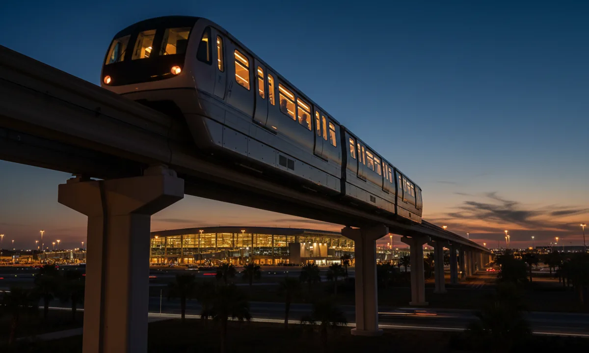 An airport monorail train traveling toward a brightly lit terminal building at dusk.