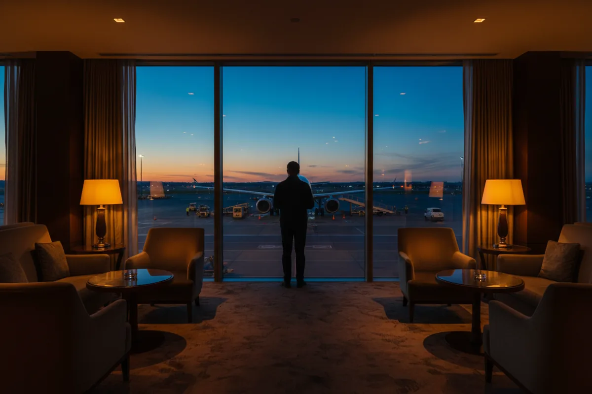 A quiet airport lounge at dusk with a view of an airplane on the tarmac.