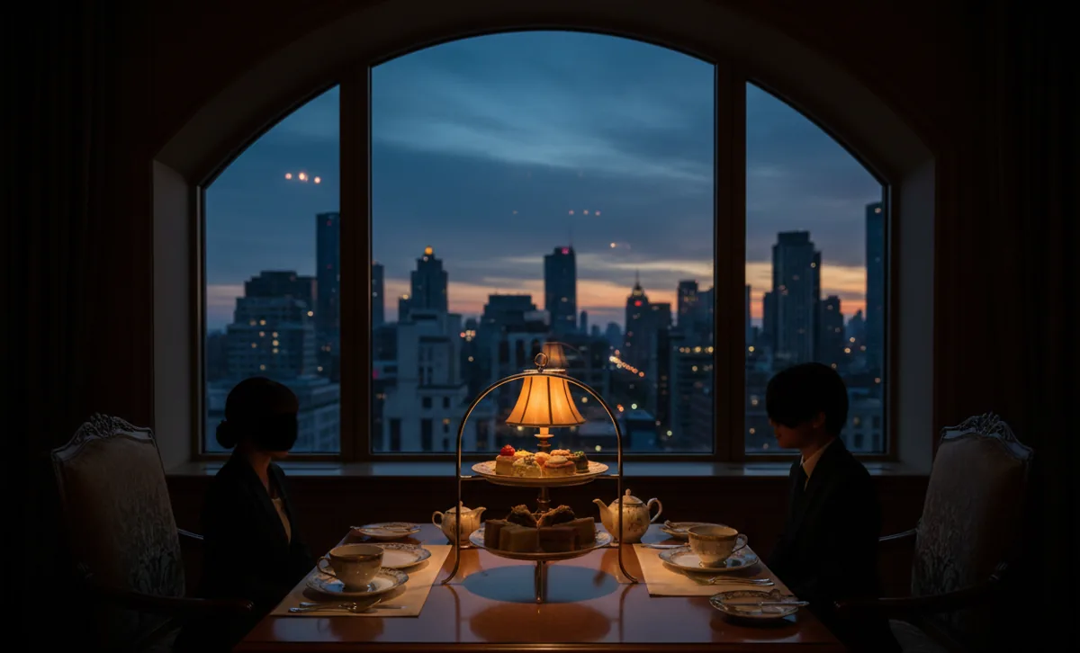 An elegant high tea service on a table with a tiered stand by a window with a city view at dusk.