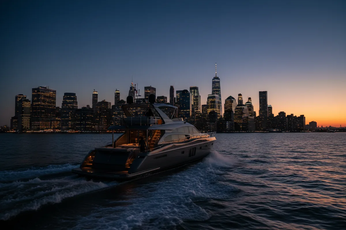 The Midtown Manhattan skyline seen from the deck of a private yacht on the river at dusk.