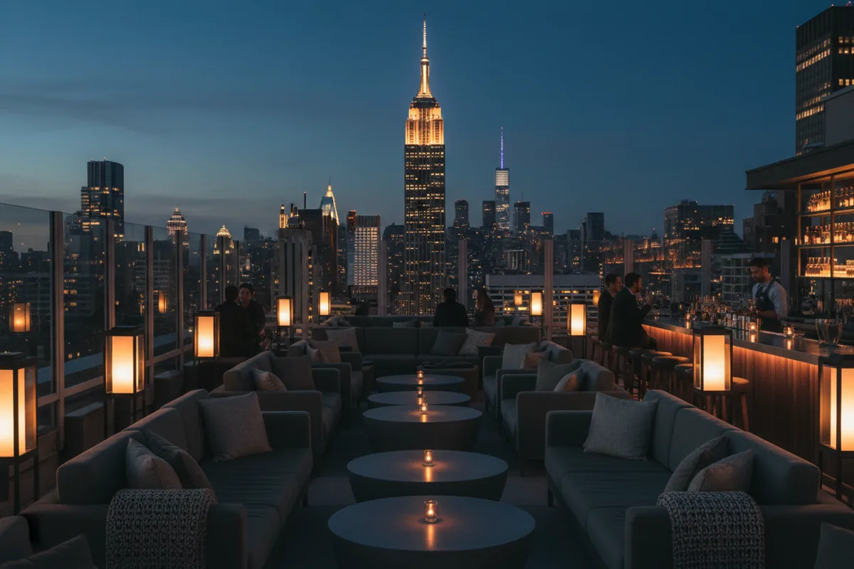 A chic rooftop bar with lounge seating overlooking the Empire State Building at blue hour.