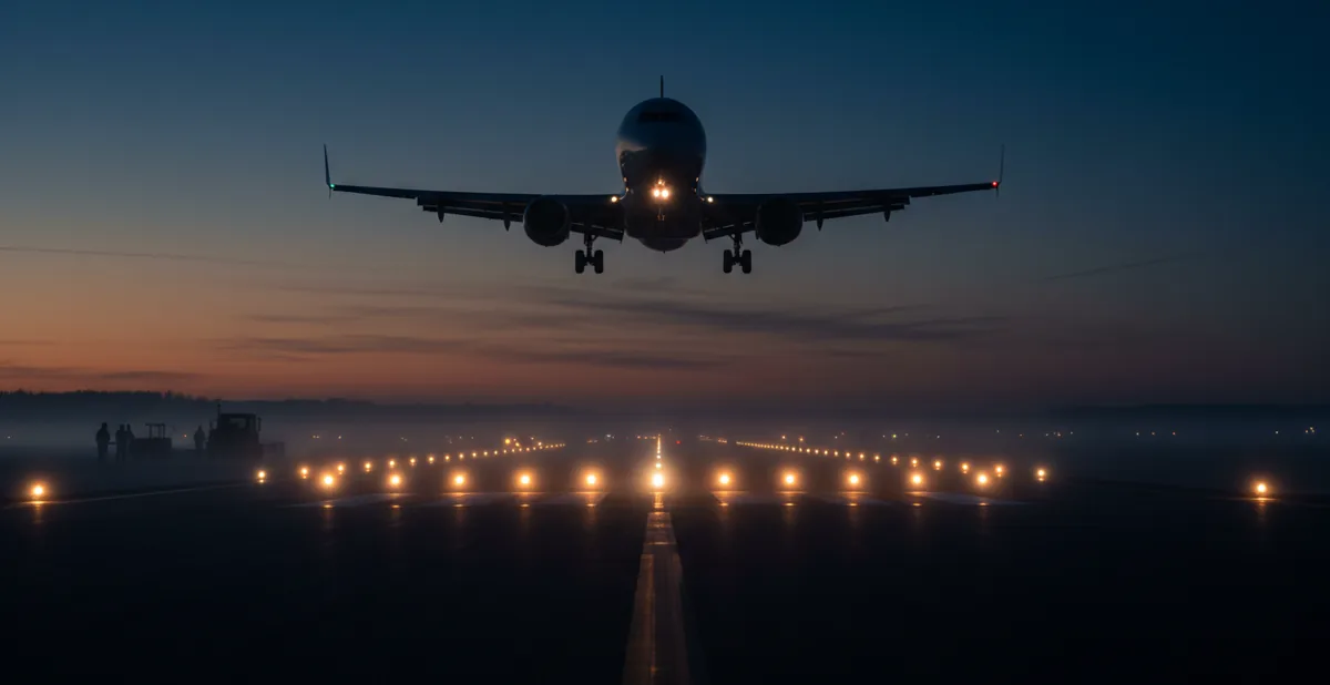 A jet approaches a brightly lit runway through light fog at night.