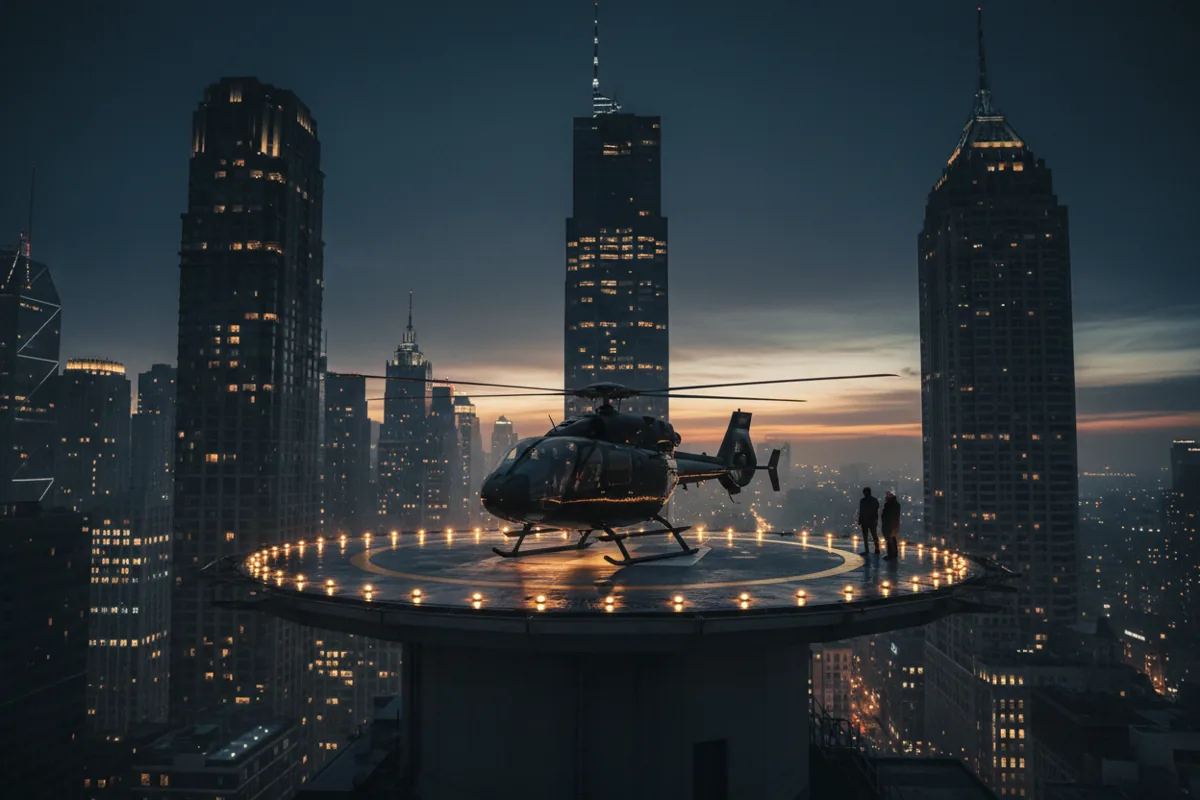 A helicopter lands on a glowing rooftop helipad surrounded by city skyscrapers at twilight.