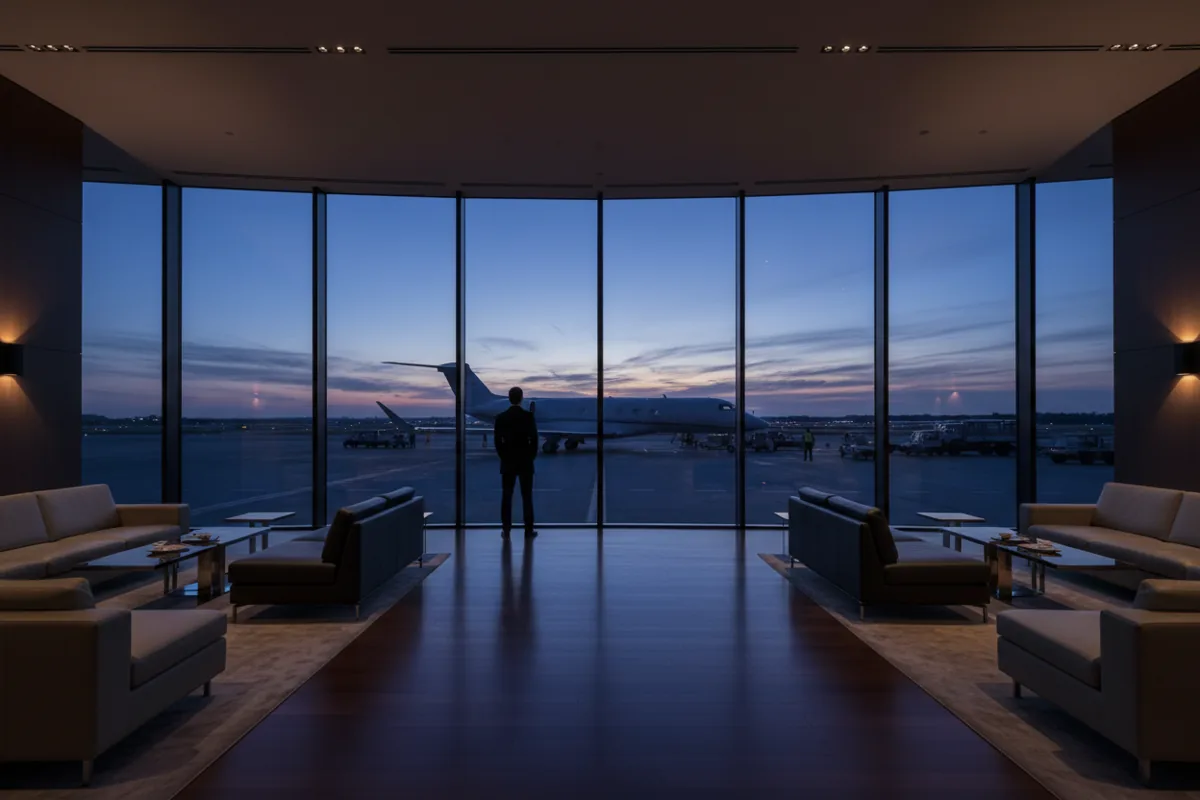 A person looks out from a modern airport lounge onto a private jet on the tarmac at dusk.