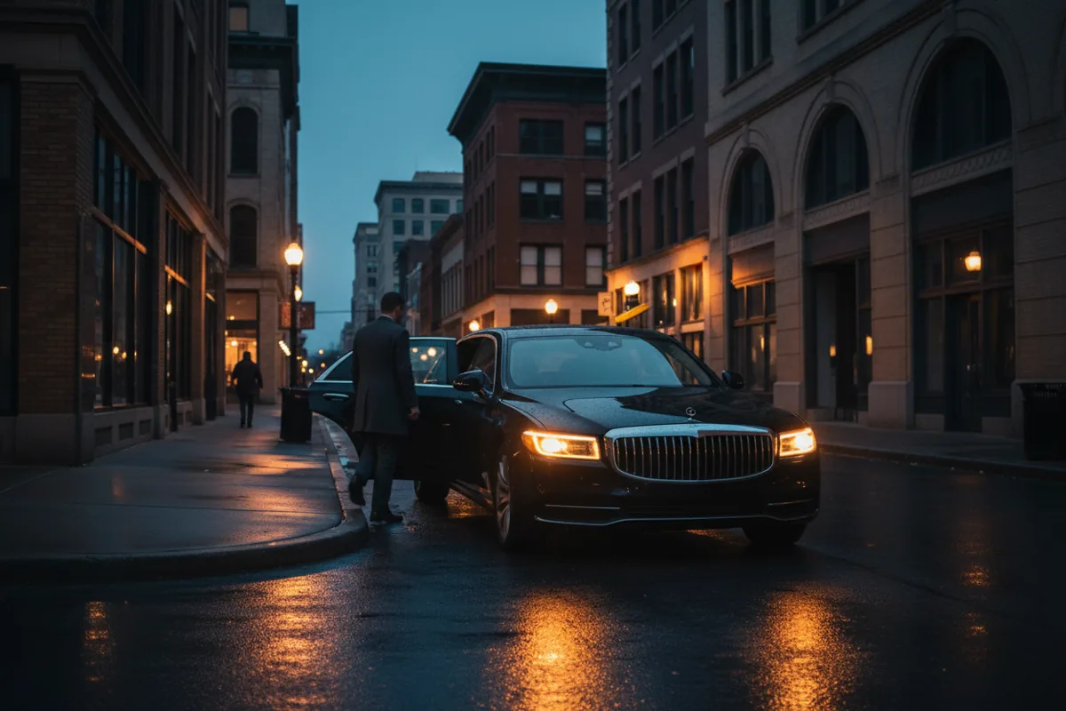 A luxury car parked on a city street in Indianapolis at night.