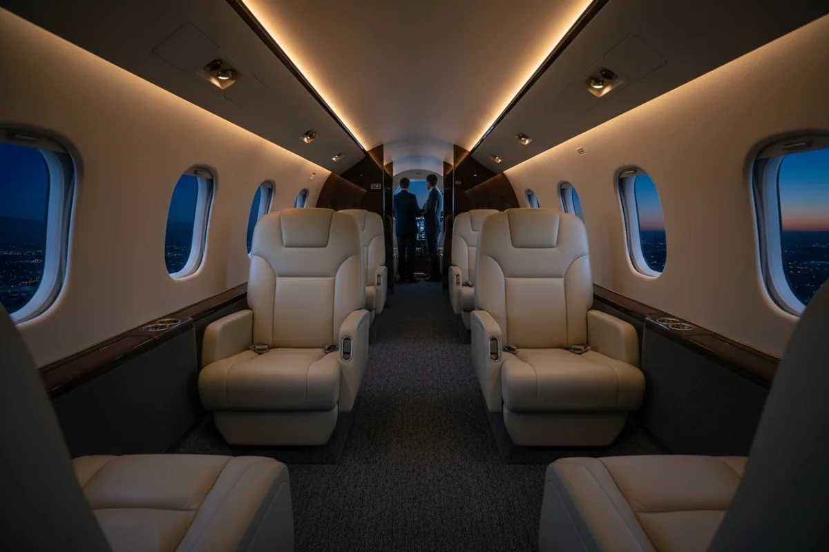 The empty, luxuriously lit cabin of a private jet at night.