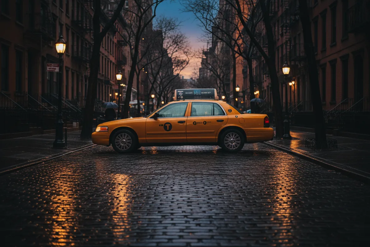 A yellow taxi parked on a wet city street at dusk, with warm light reflecting on the pavement.