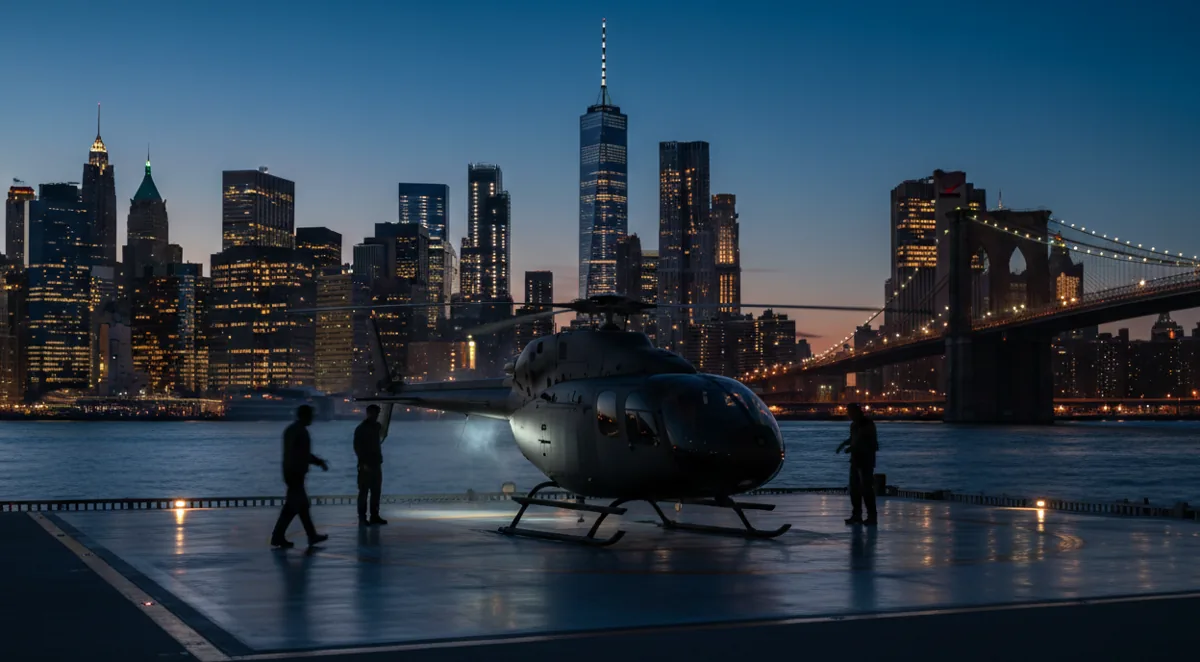 A helicopter on a Manhattan heliport at twilight, with the illuminated city skyline and a bridge in the background.