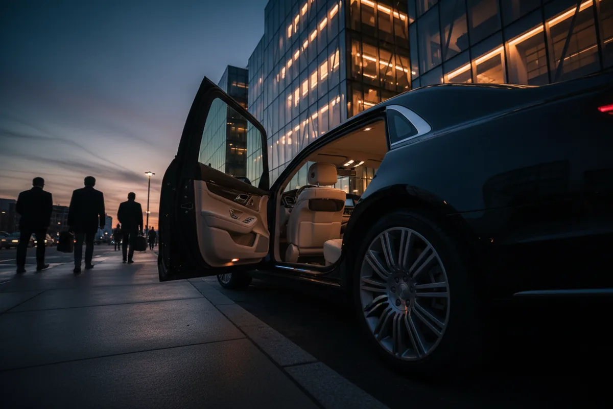 An open door of a luxury black car at night, revealing a high-end interior, waiting outside a modern building.