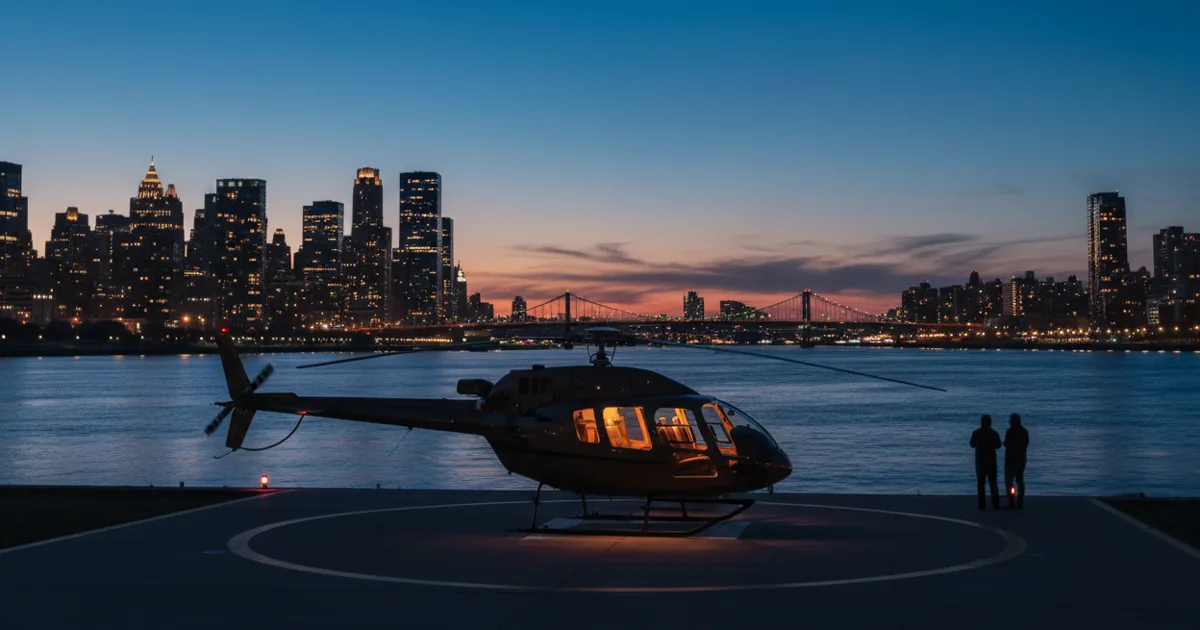 A helicopter on a waterfront helipad at twilight with a city skyline in the background.
