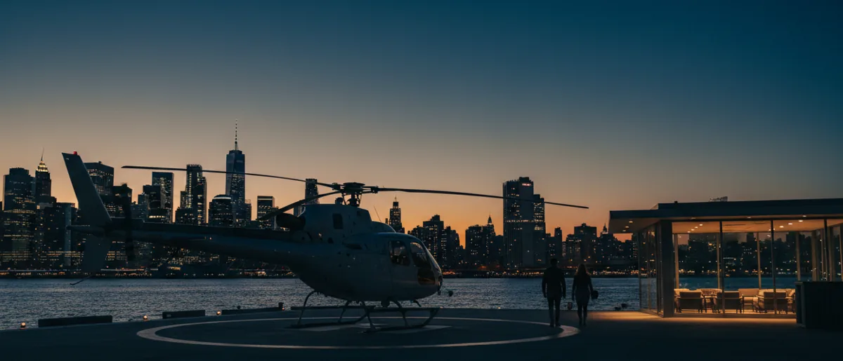 Two passengers walk from a parked helicopter toward a heliport lounge with the Lower Manhattan skyline beyond.